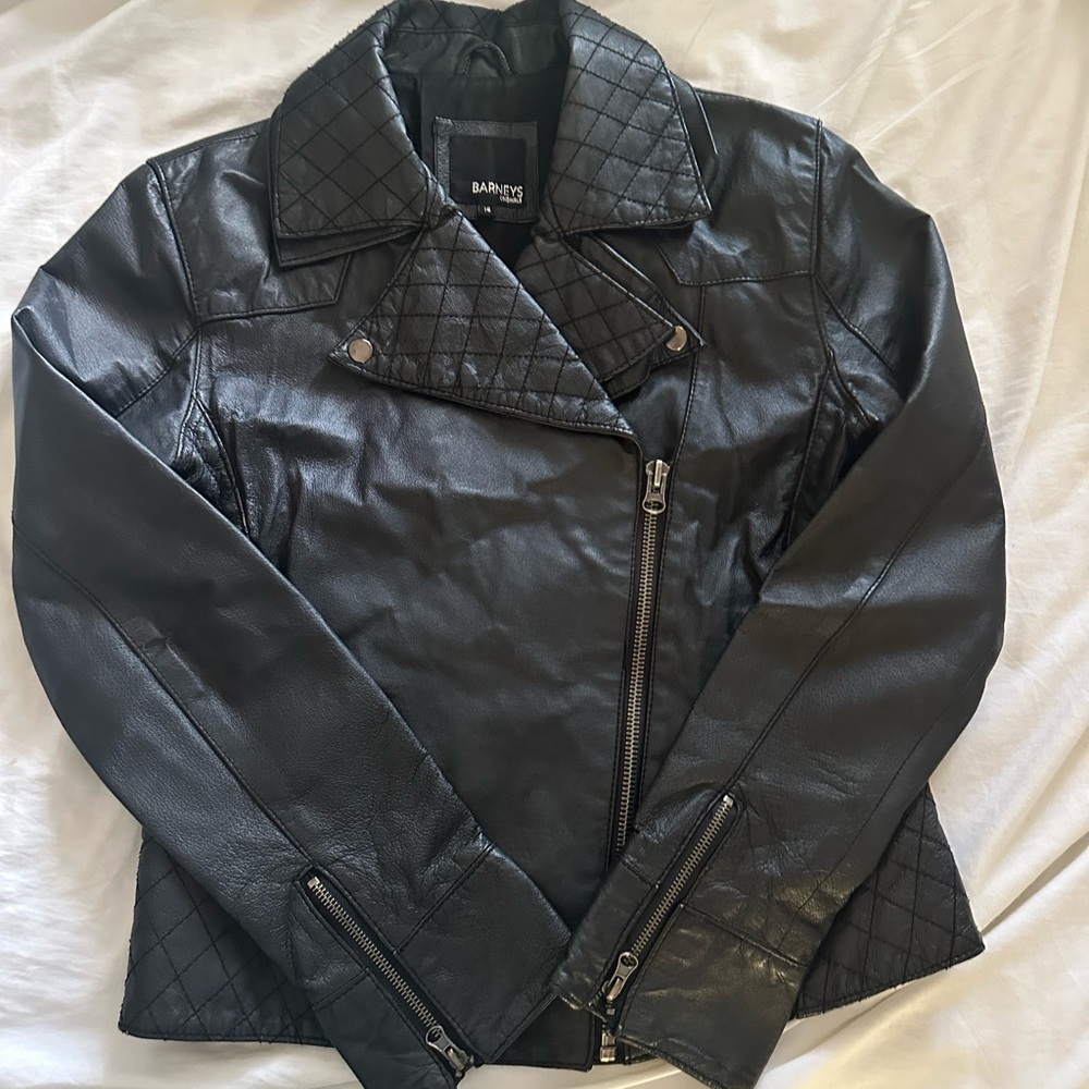 Barney’s Moto Jacket Size Large Zip Biker Black Faux Leather